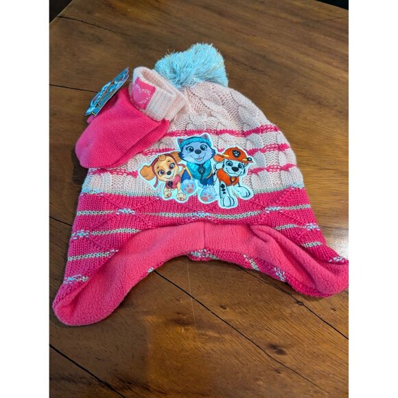 Paw Patrol Kids Pink  Winter Hat & Mittens Set With Pom Pom - Picture 1 of 2